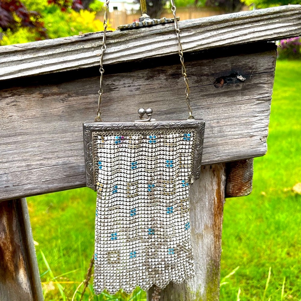 Antique Whiting & Davis enamel mesh wristlet